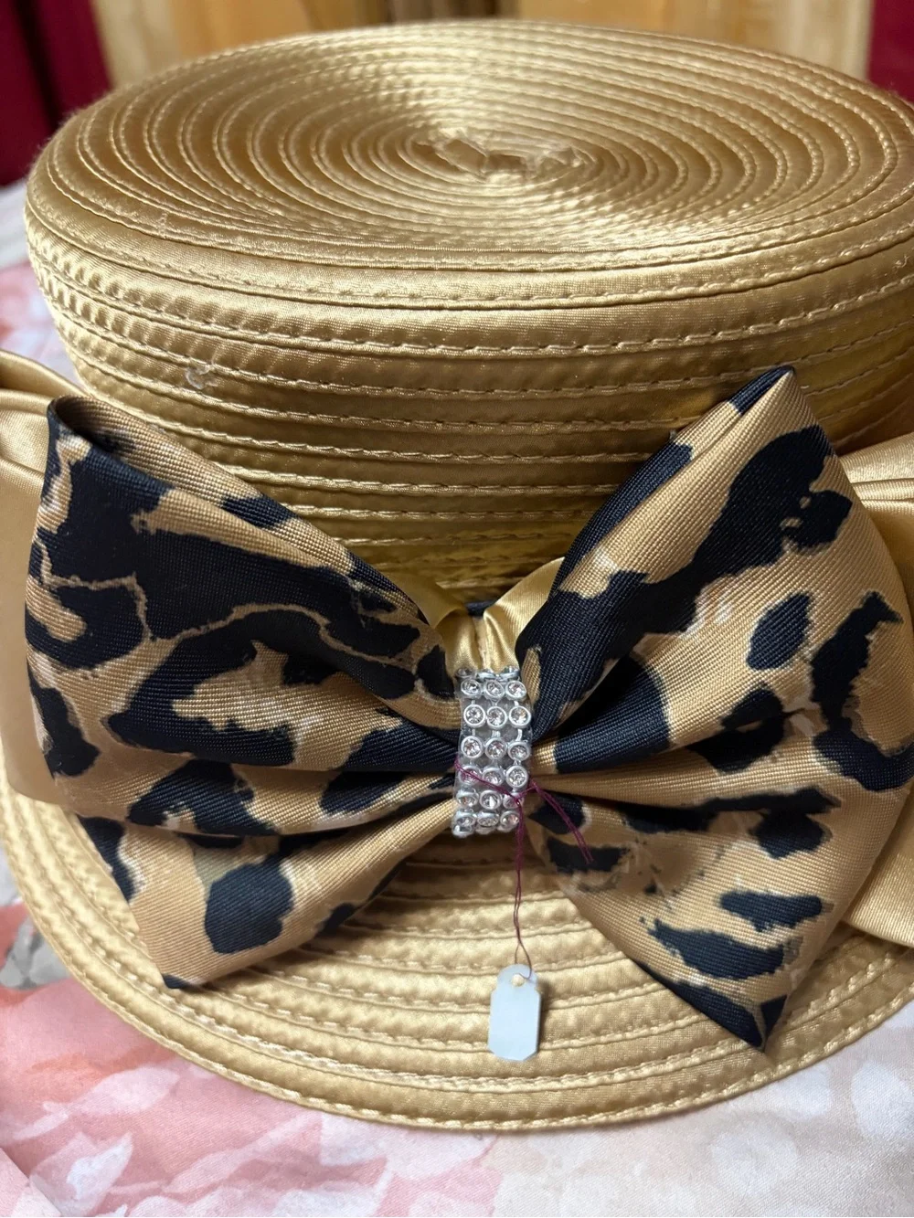 Ashro Gold Leopard Bow Straw Hat CHURCH HAT